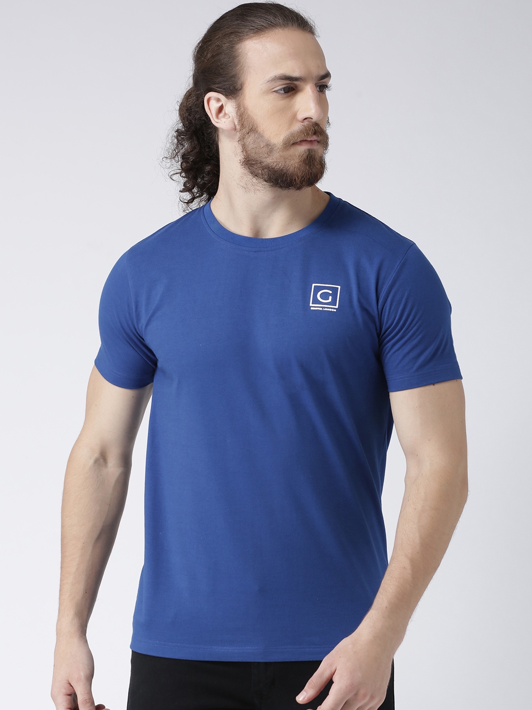 GRIFFEL Men Blue Solid Round Neck T-shirt