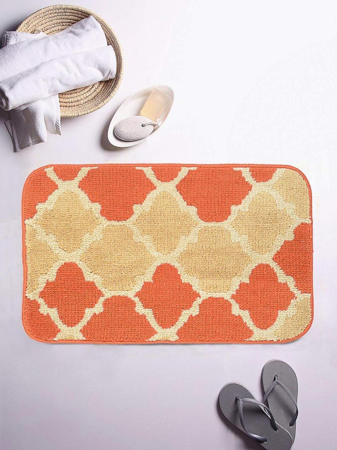 ROMEE Beige & Orange Printed Rectangular Microfiber Bath Rug