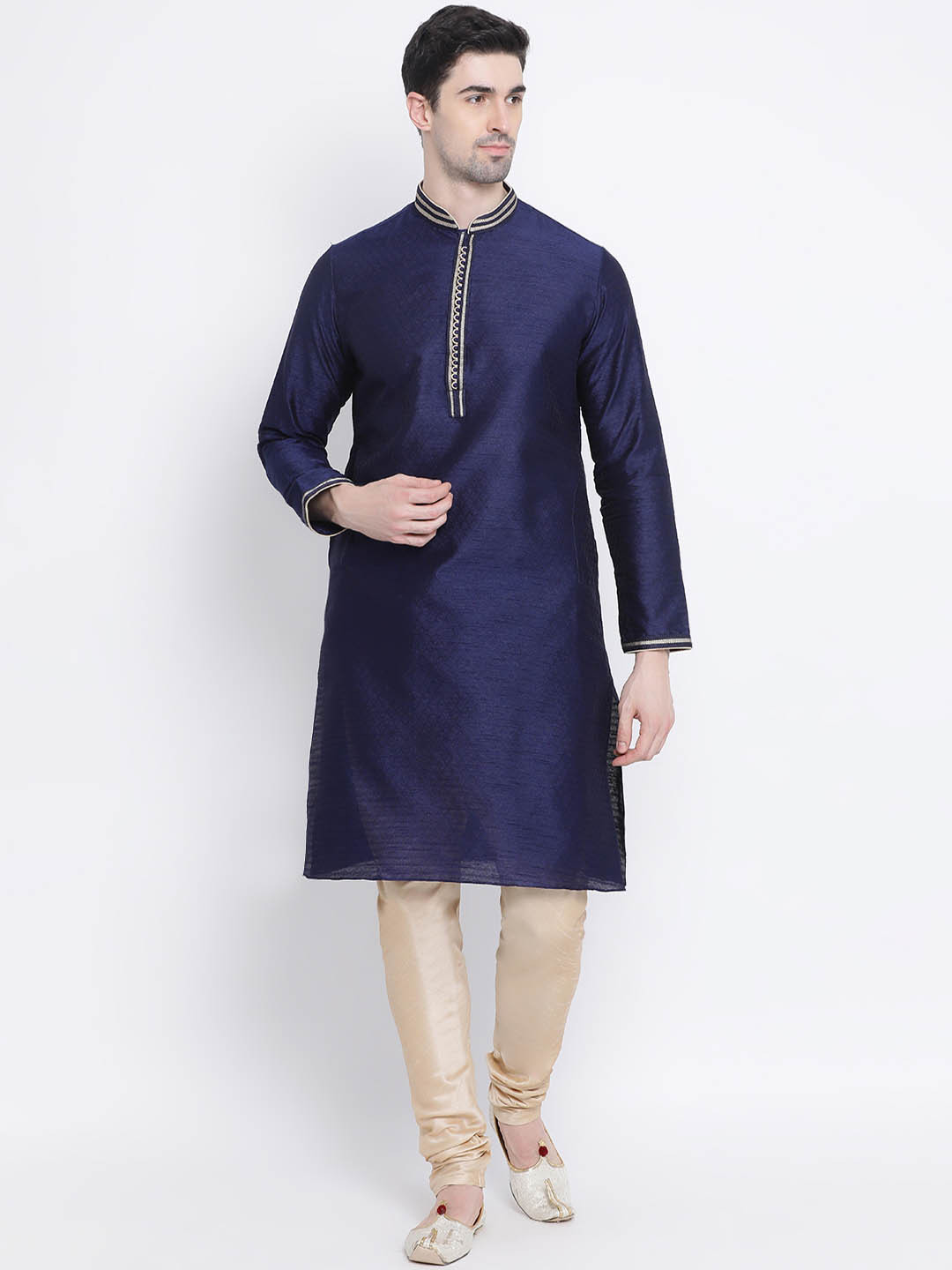 Sanwara Men Blue & Gold-Coloured Self Design Kurta with Churidar 
Sanwara Men Blue & Gold-Coloured Self Design Kurta with Churidar