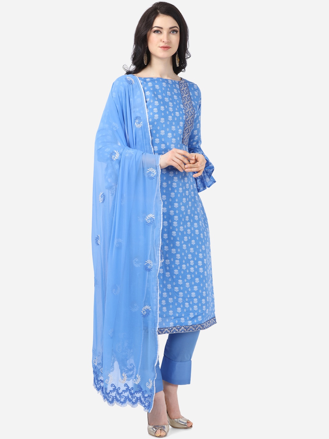 DIVASTRI Blue & White Pure Cotton Unstitched Dress Material
