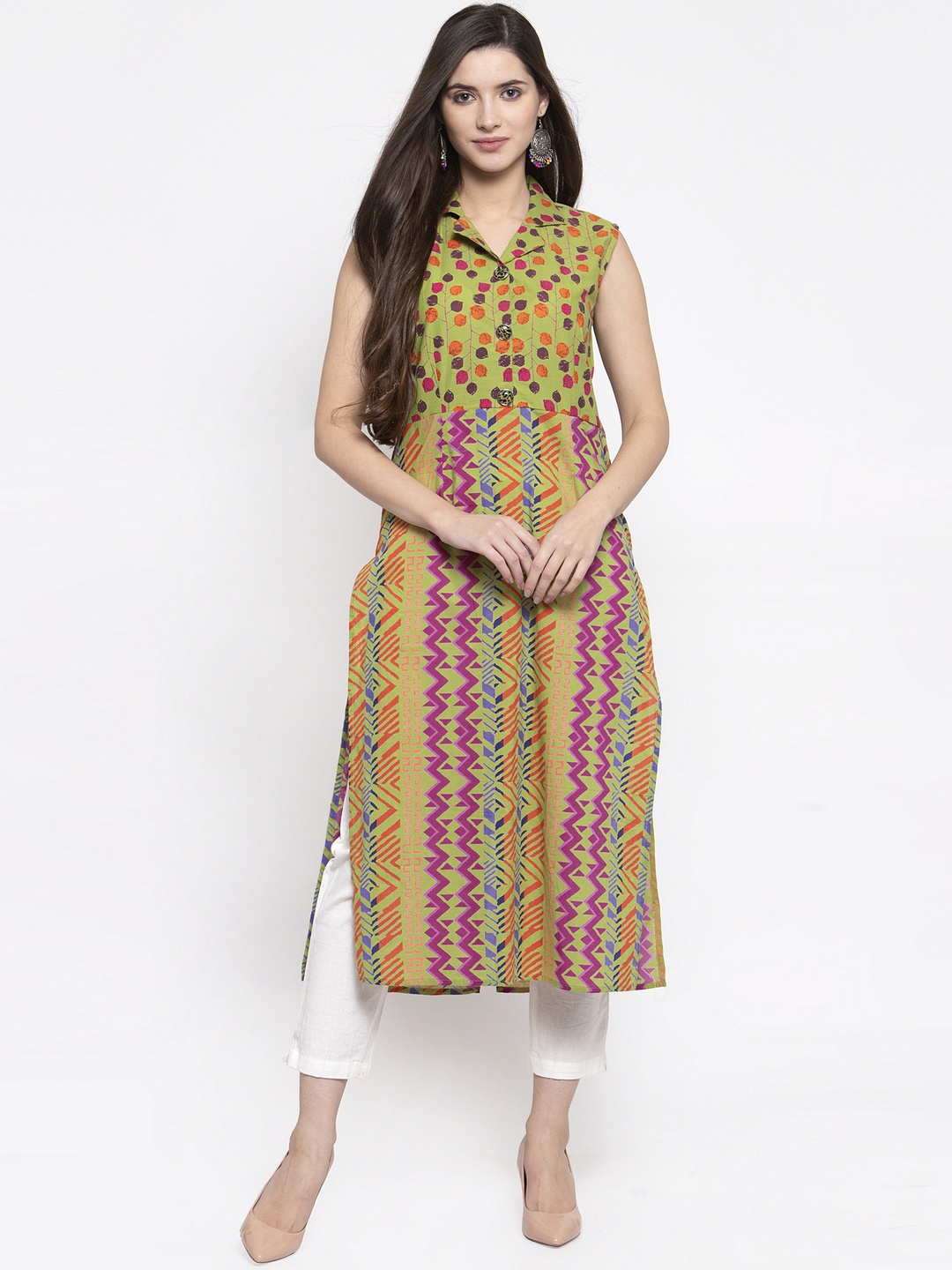 Indibelle Women Green & Orange Printed Straight Kurta