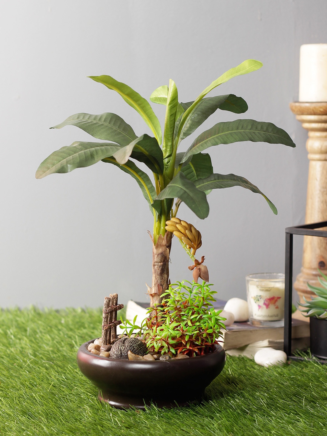 PolliNation Green Artificial Banana Bonsai With Brown Pot