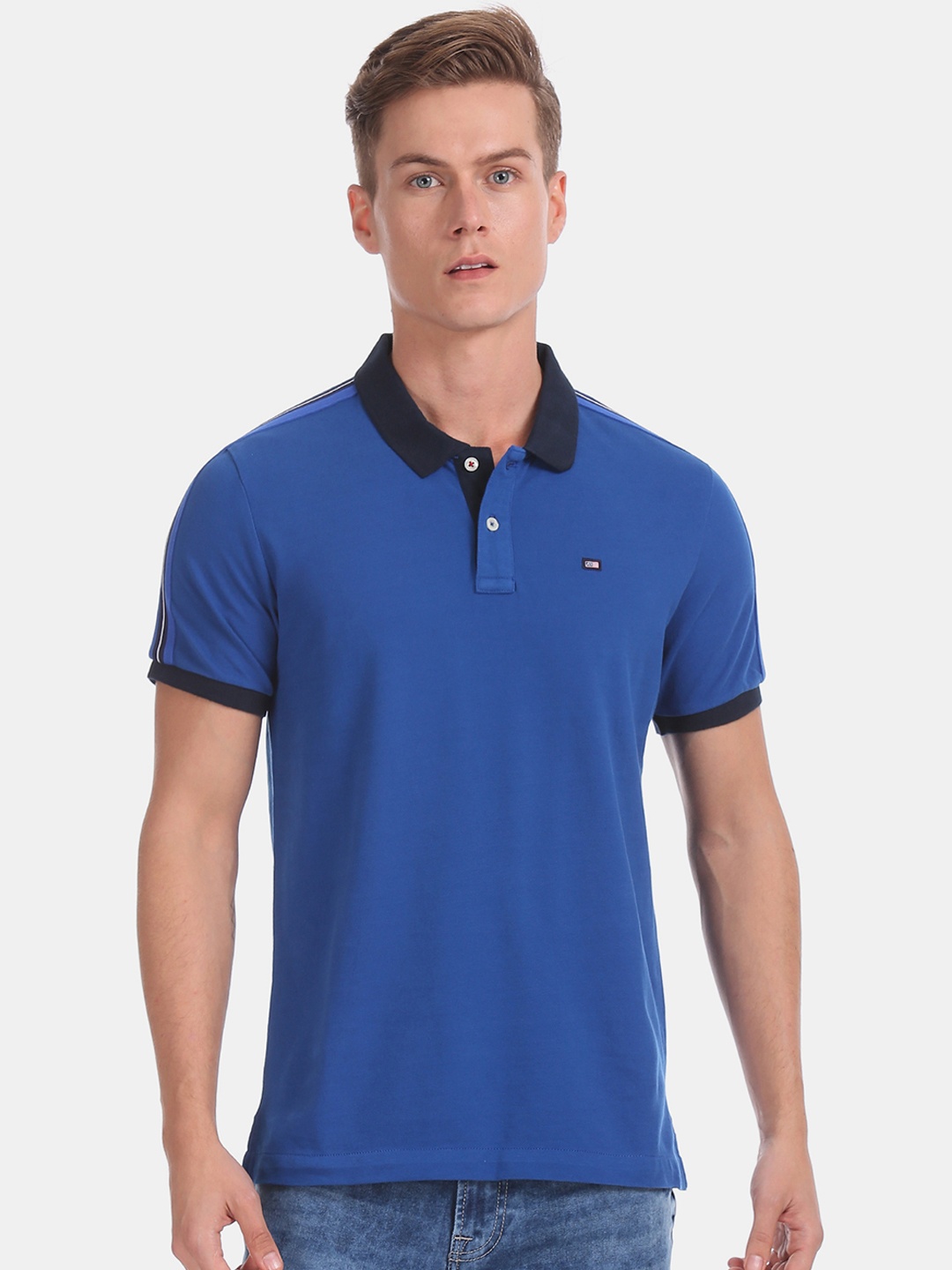Arrow Men Blue Solid Polo Collar Pure Cotton T-shirt