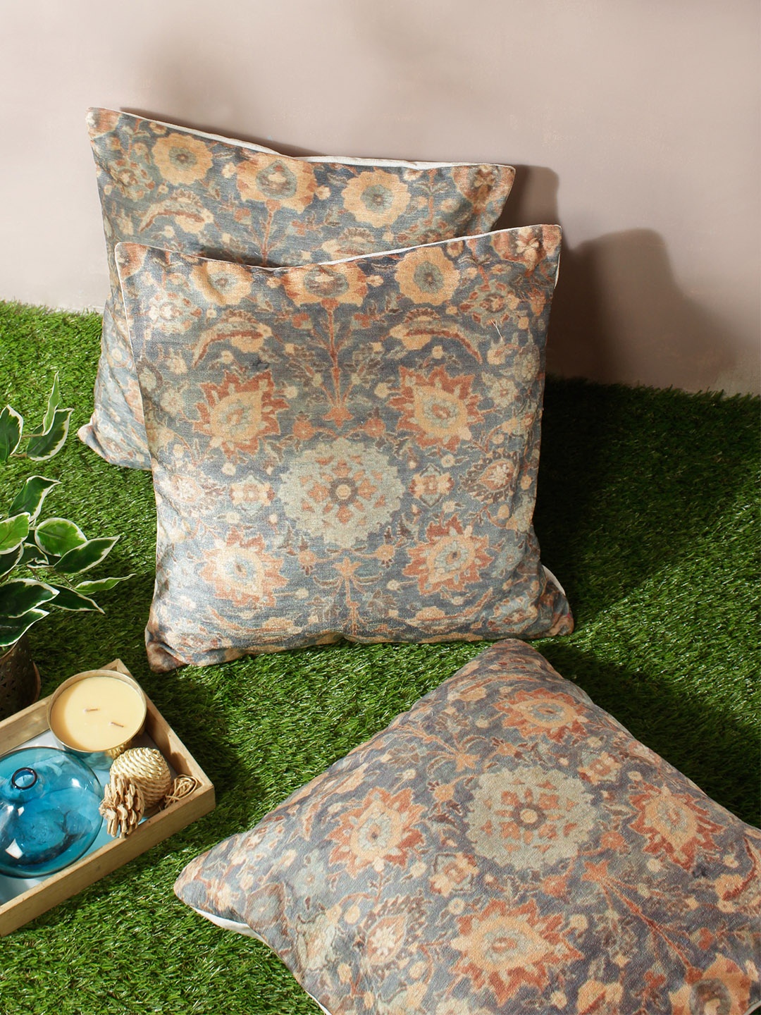 ROMEE Beige & Blue Set of 3 Ethnic Motifs Square Cushion Covers
