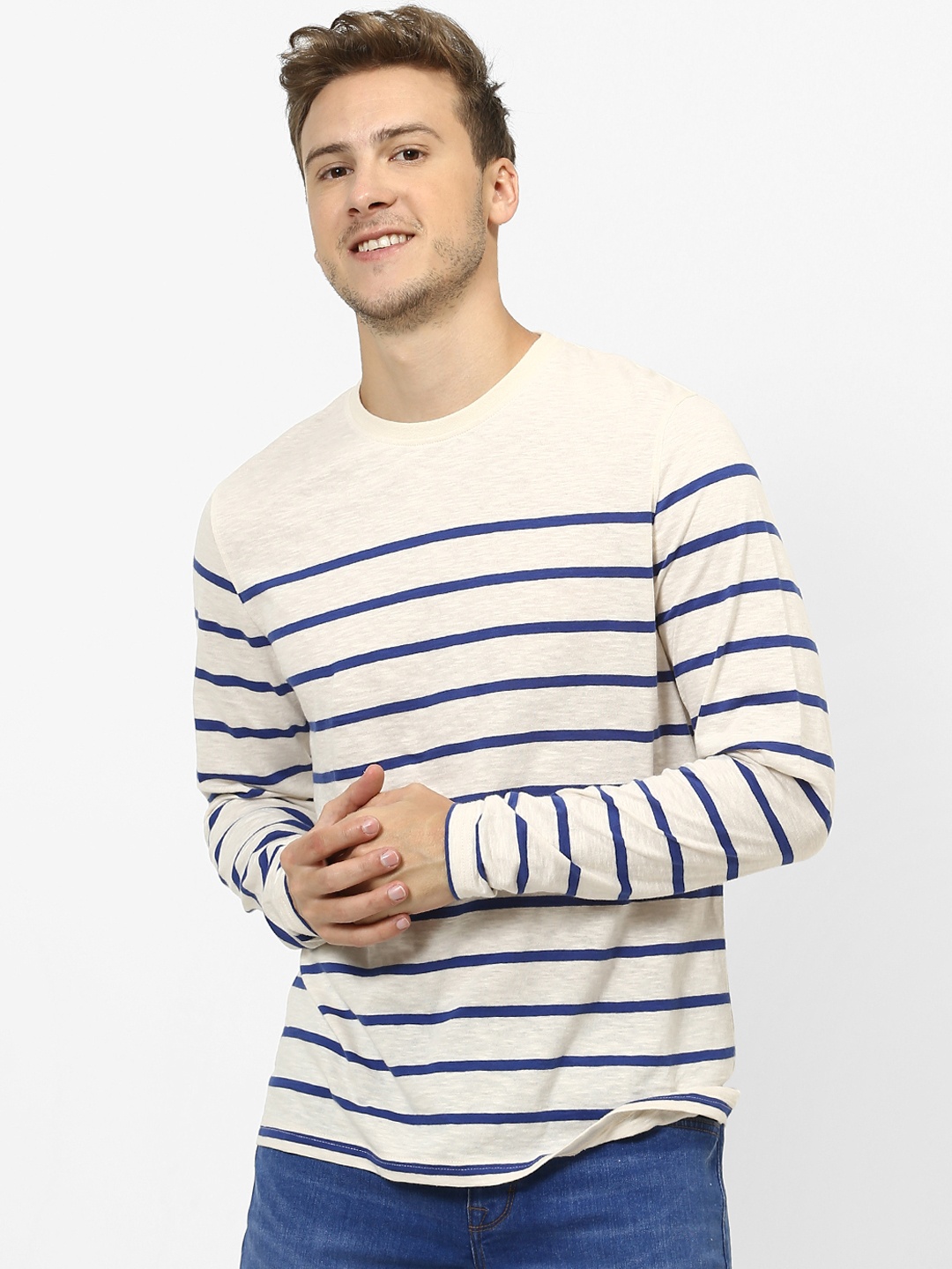 Celio Men Blue Striped Round Neck Pure Cotton T-shirt