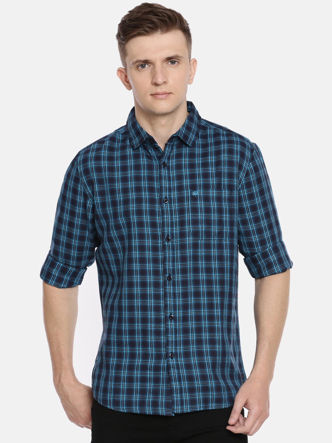 Chennis Men Blue Slim Fit Checked Casual Shirt