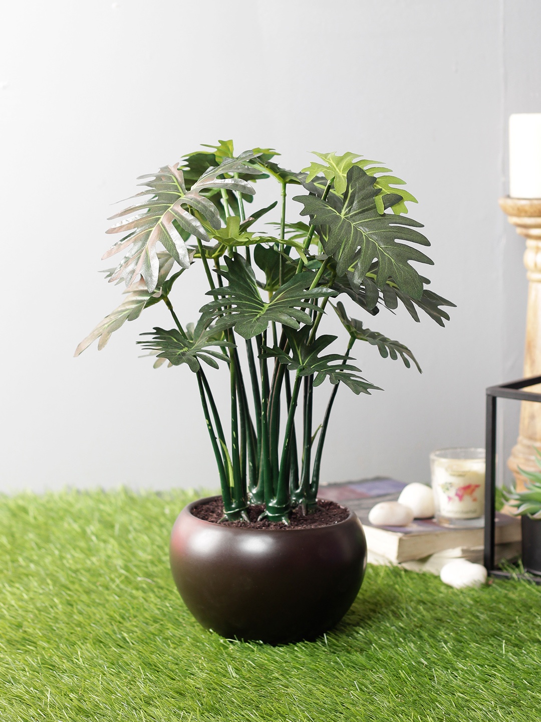 PolliNation Green Artificial Happy Philo Bonsai With Brown Ceramic Pot