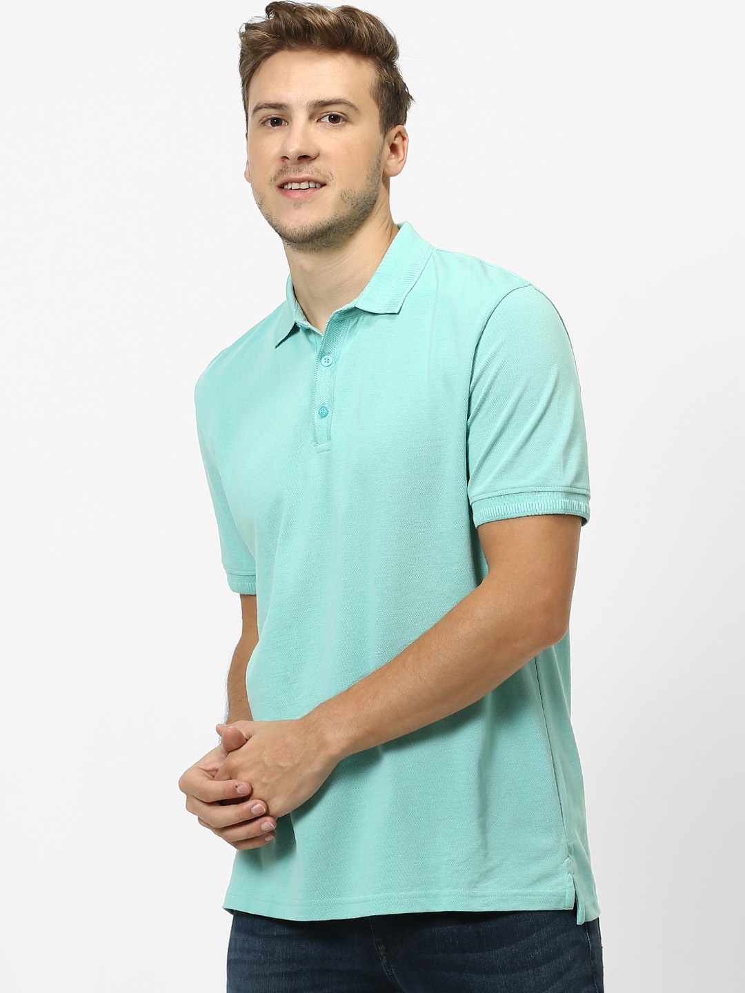 Celio Men Sea Green Solid Polo Collar Pure Cotton T-shirt