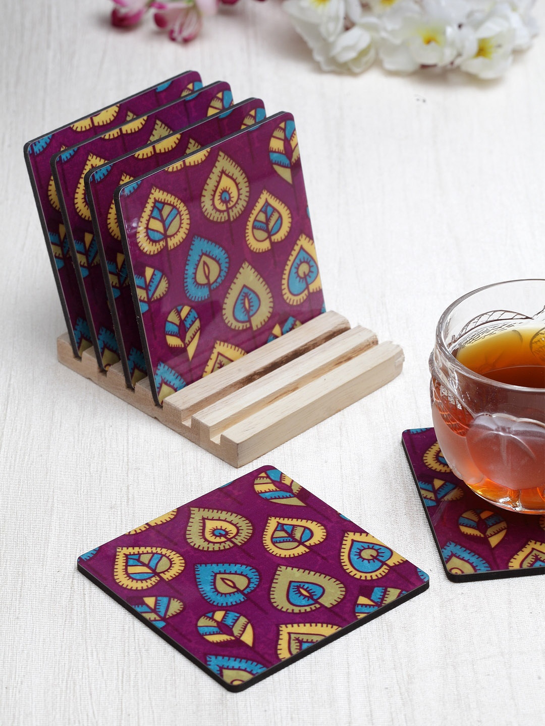Alina Decor Set of 6 Blue & Yellow Printed Coasters With Wooden Stand, Magenta