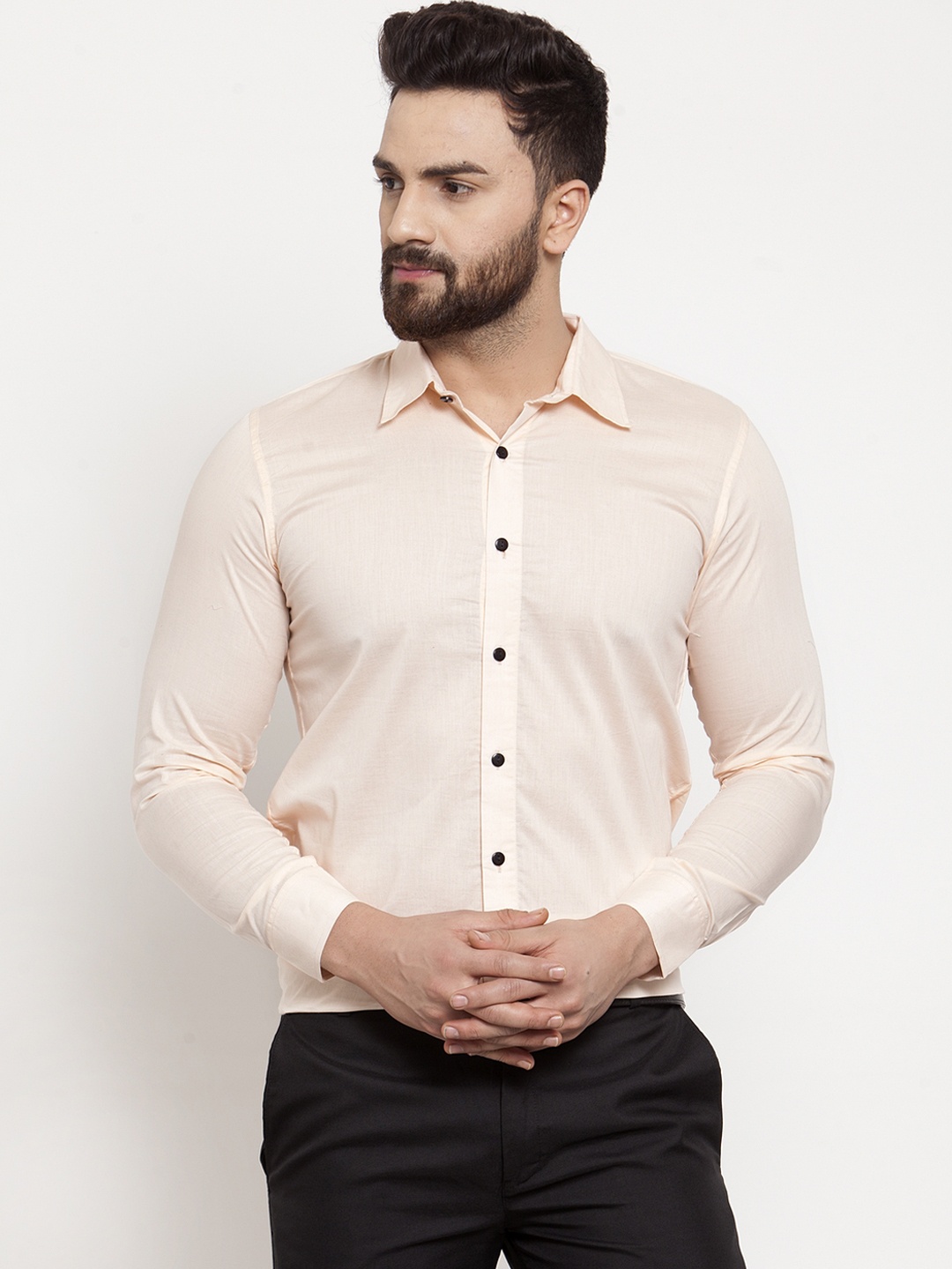 Purple State Men Peach-Coloured Slim Fit Solid Formal Shirt