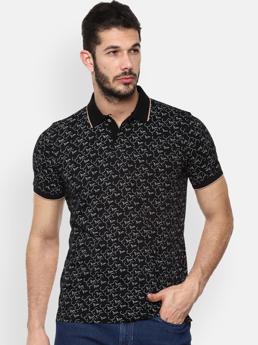 Van Heusen Sport Men Black Printed Polo Collar Pure Cotton T-shirt