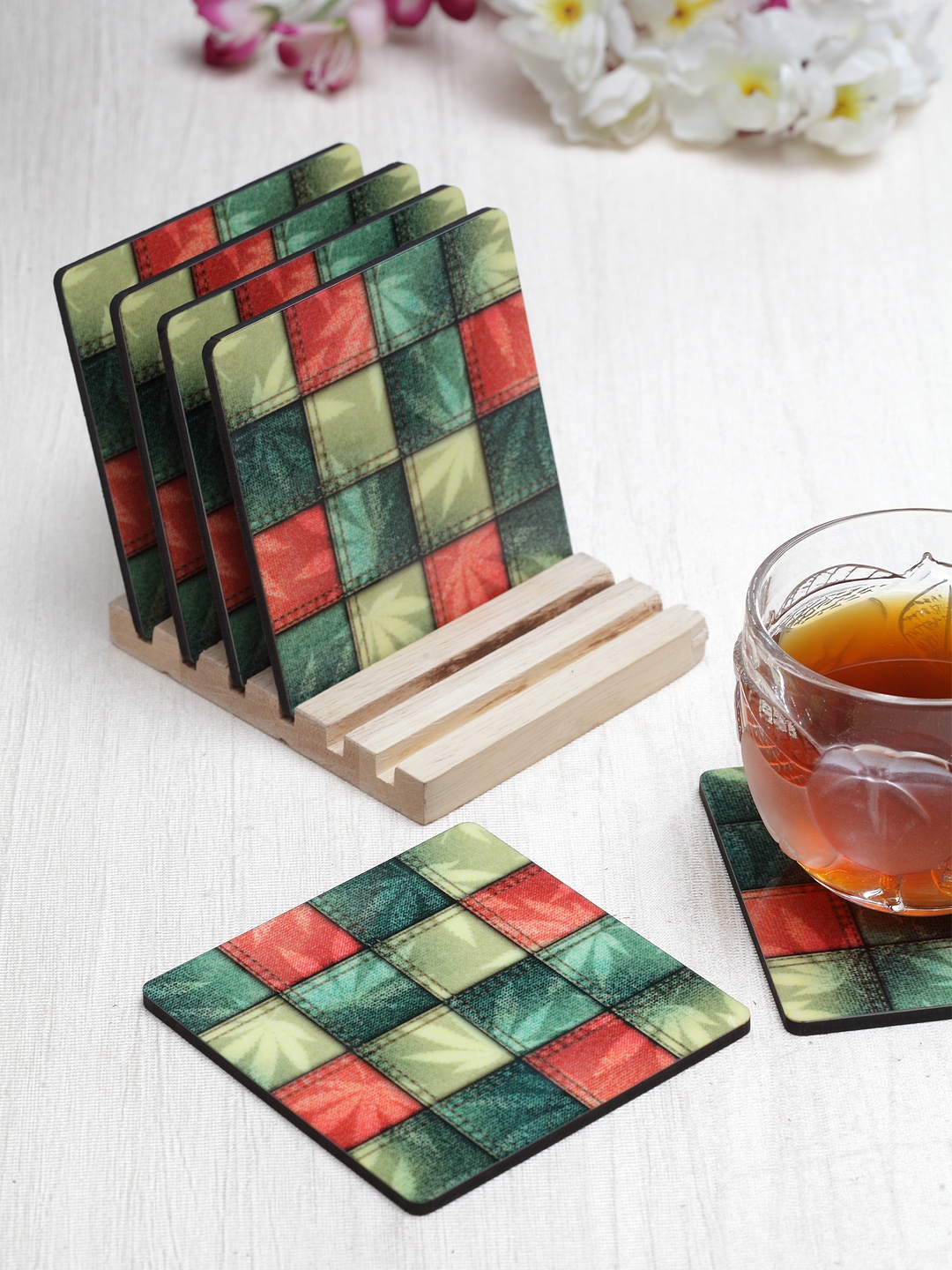 Alina Decor Set of 6 Red & Green Printed Coasters With Wooden Stand