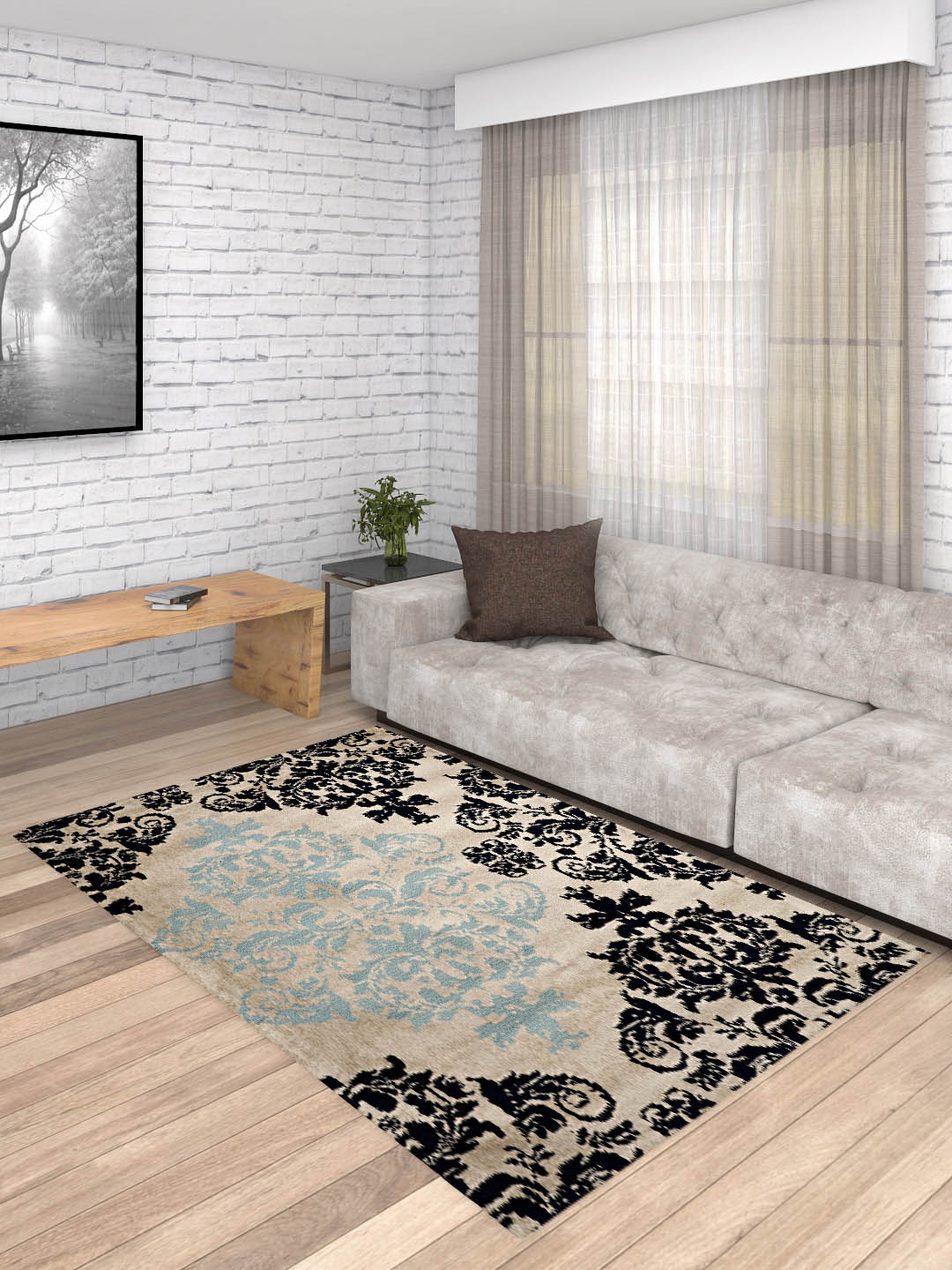 PRESTO Black & Beige Printed Anti-Skid Carpet