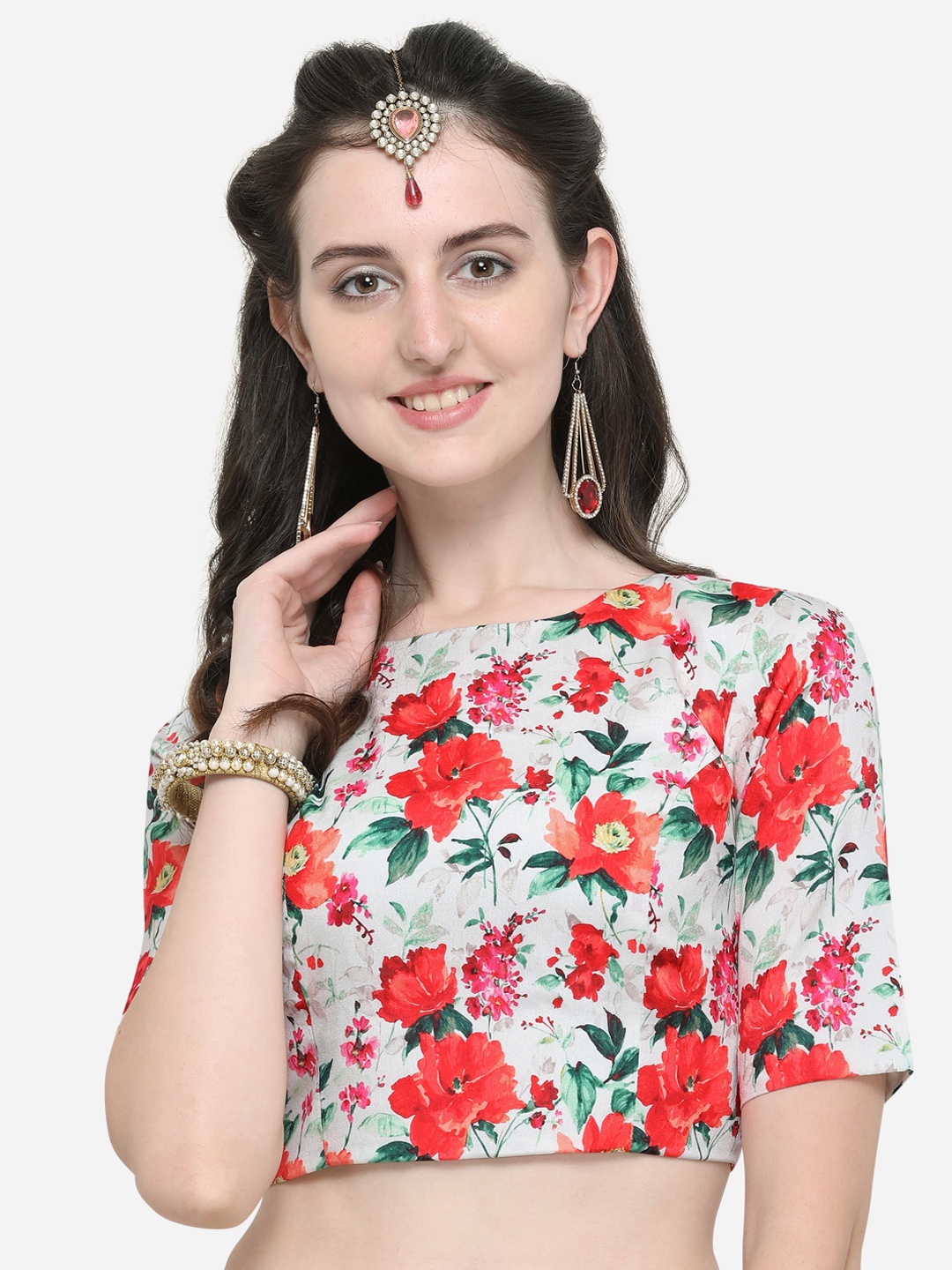 Janasya Women Green & Orange Printed Saree Blouse