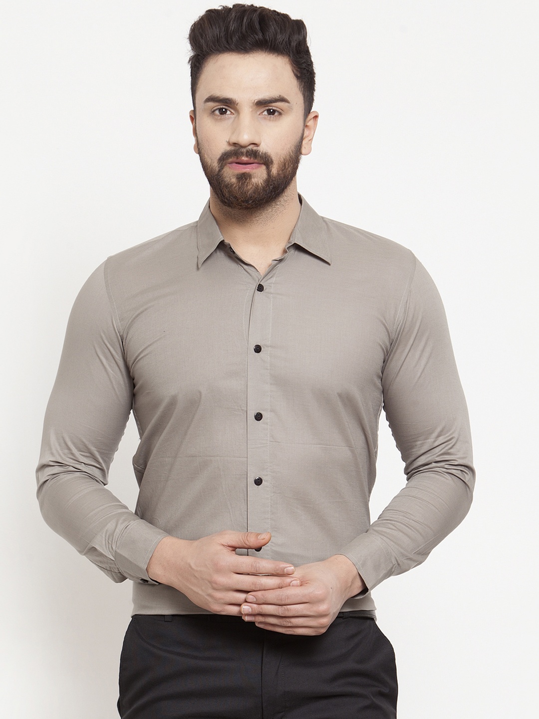 Purple State Men Taupe Slim Fit Solid Formal Shirt