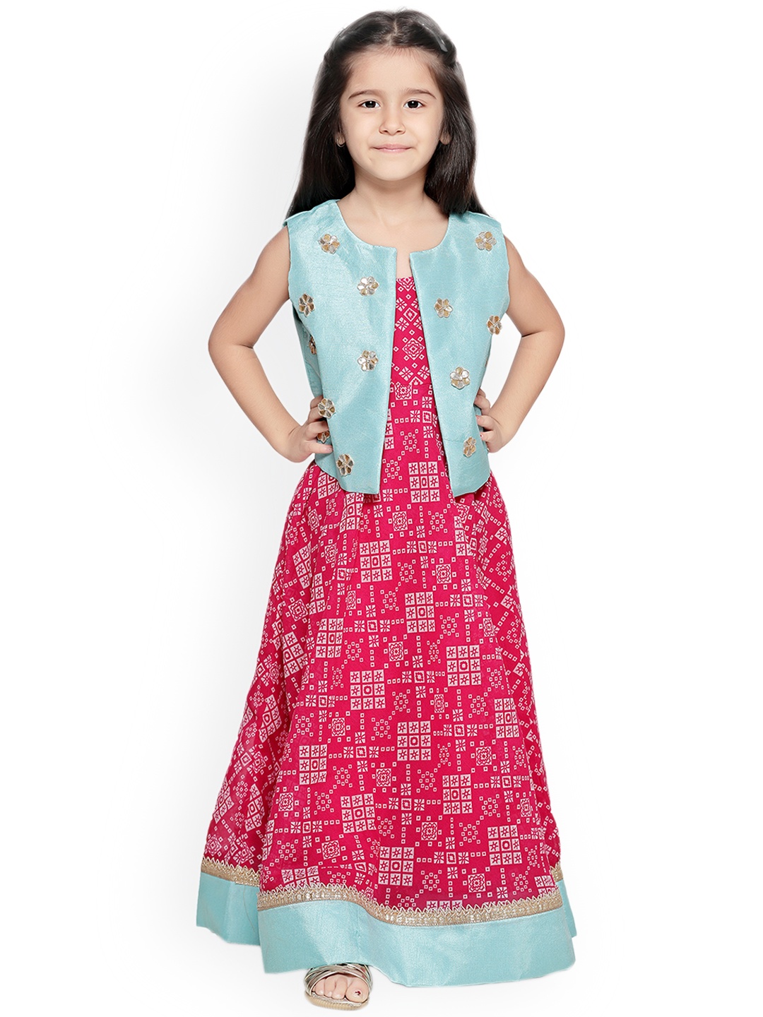 LilPicks Girls Pink & Turquoise Blue Printed Maxi Dress With Jacket