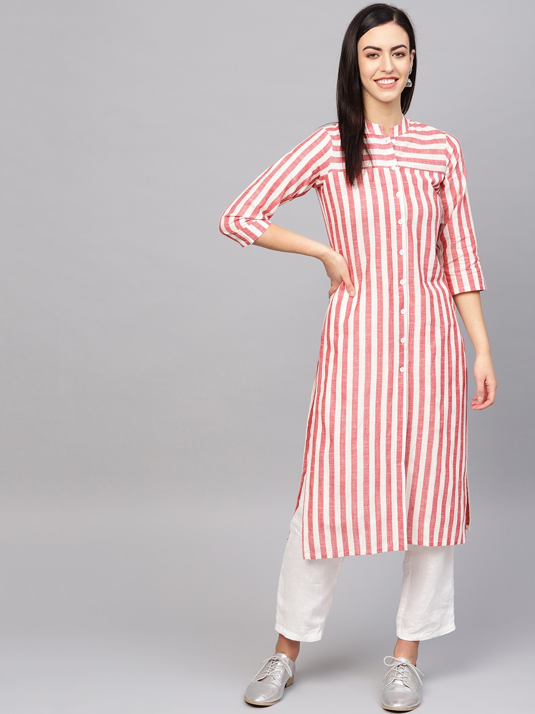 Jompers Women Red & White Striped Kurta with Trousers
