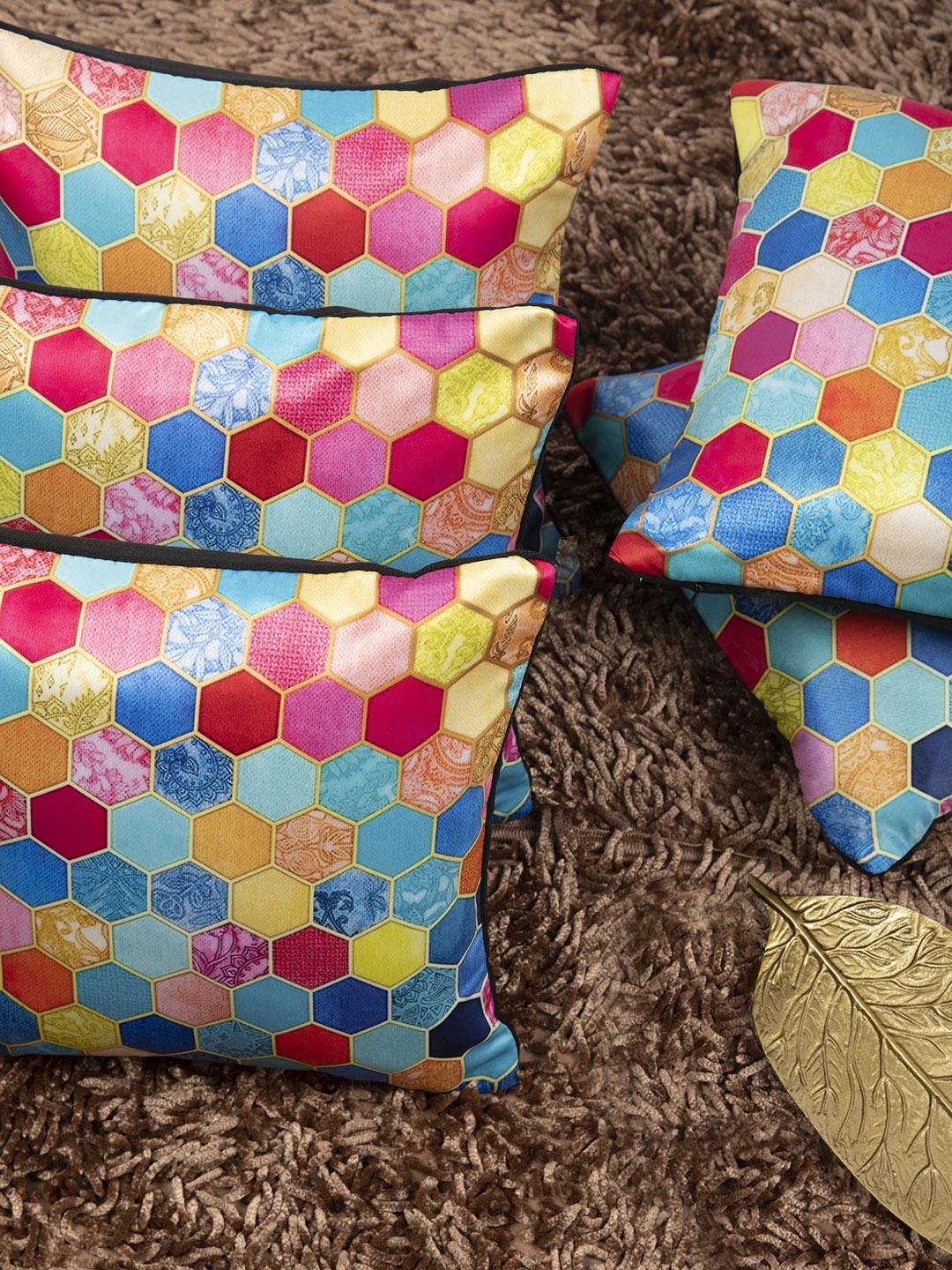 HOUZZCODE Multicoloured Set of 5 Geometric Square Cushion Covers, Multi