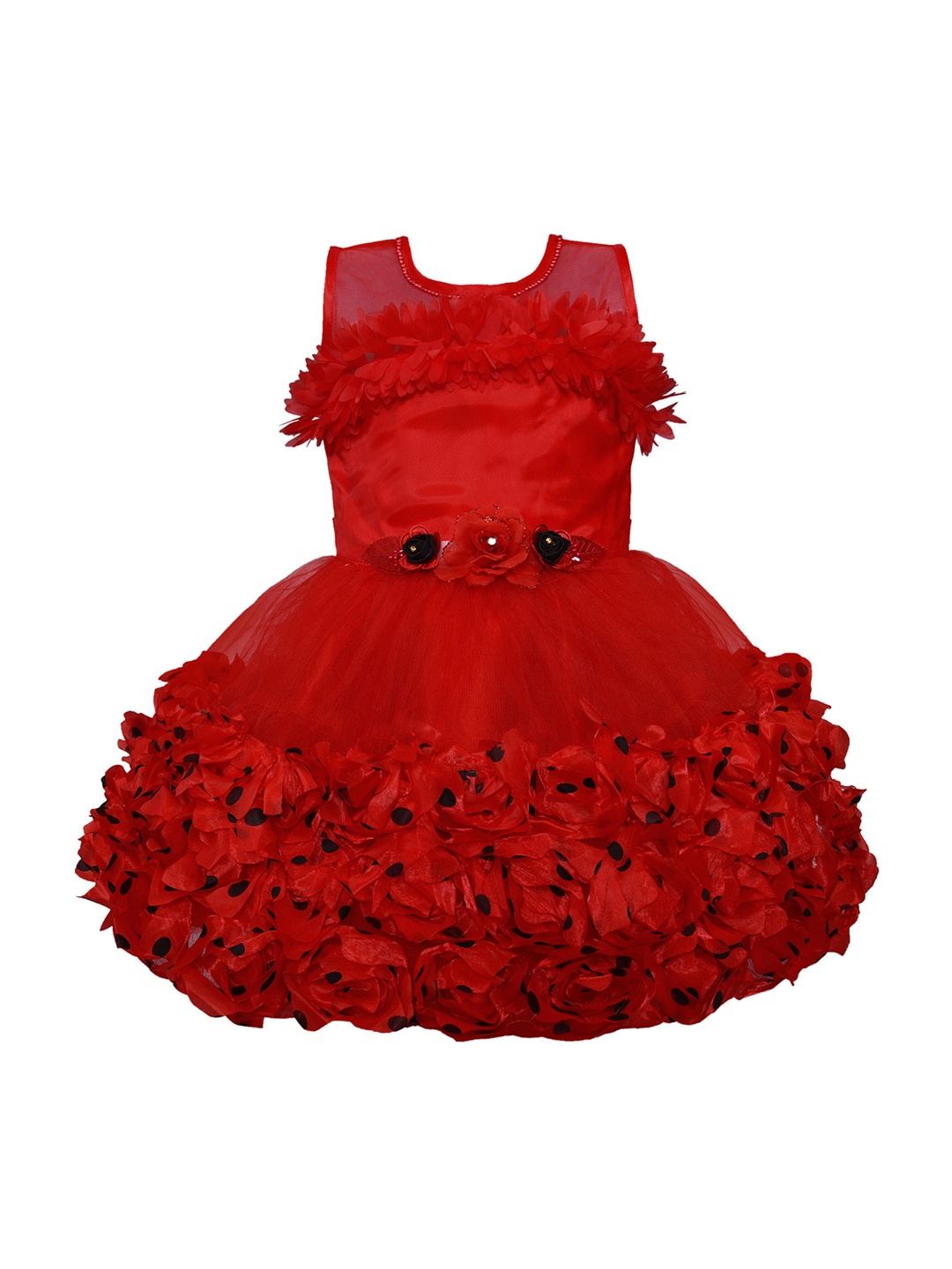 Wish Karo Girls Red Self Design Fit and Flare Dress