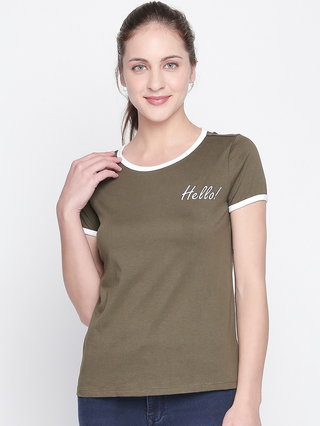 Honey by Pantaloons Women Olive Green Printed Round Neck Pure Cotton T-shirt