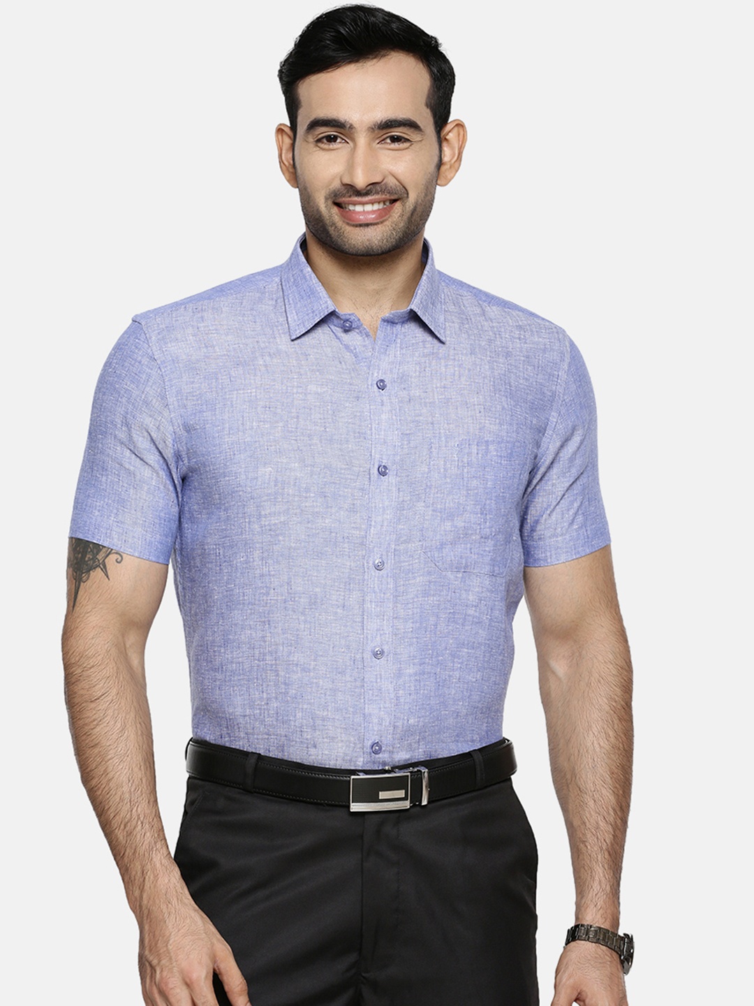 Ramraj Men Navy Blue Original Slim Fit Solid Pure Linen Formal Shirt