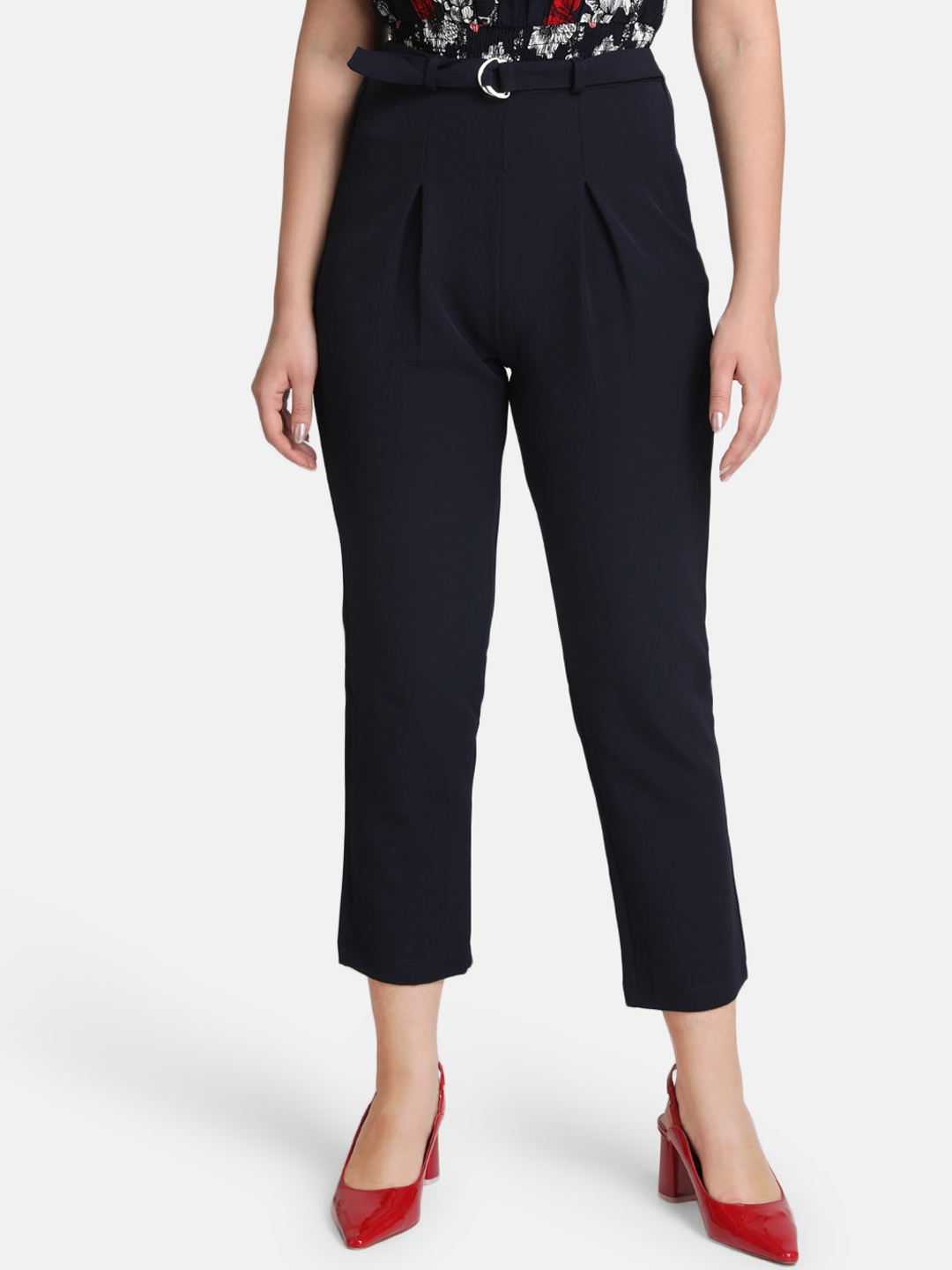 Kazo Women Navy Blue Slim Fit Solid Cigarette Trousers