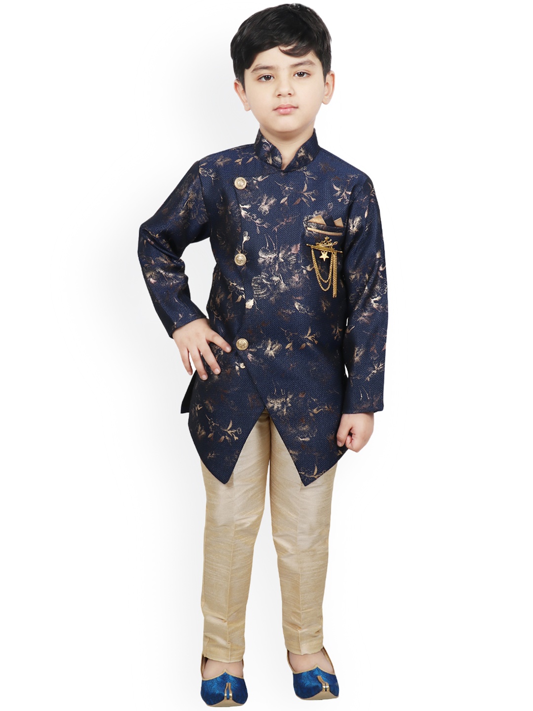 SG YUVRAJ Boys Blue & Brown Printed Sherwani Set