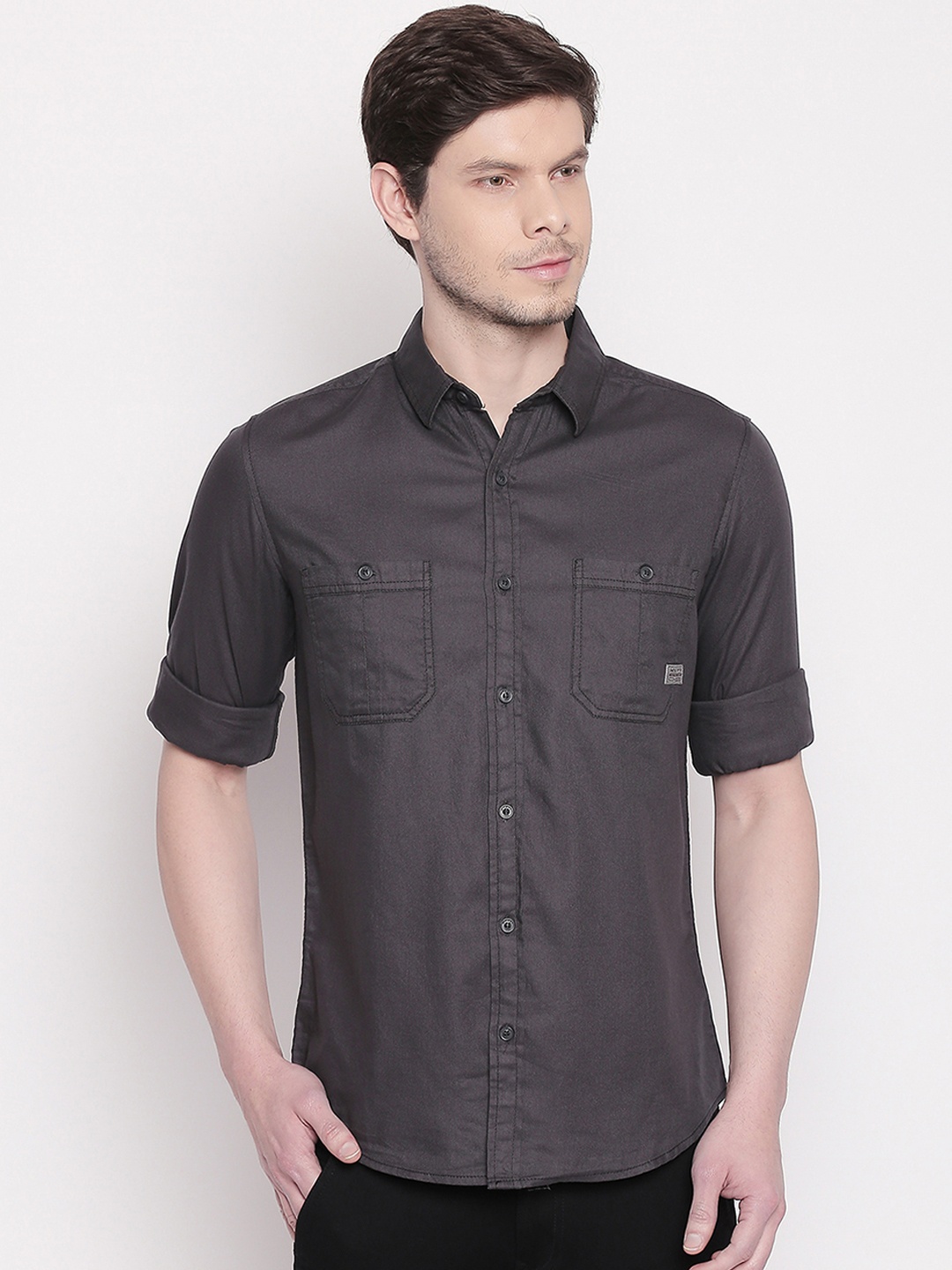 Mufti Men Charcoal Grey Slim Fit Solid Casual Shirt