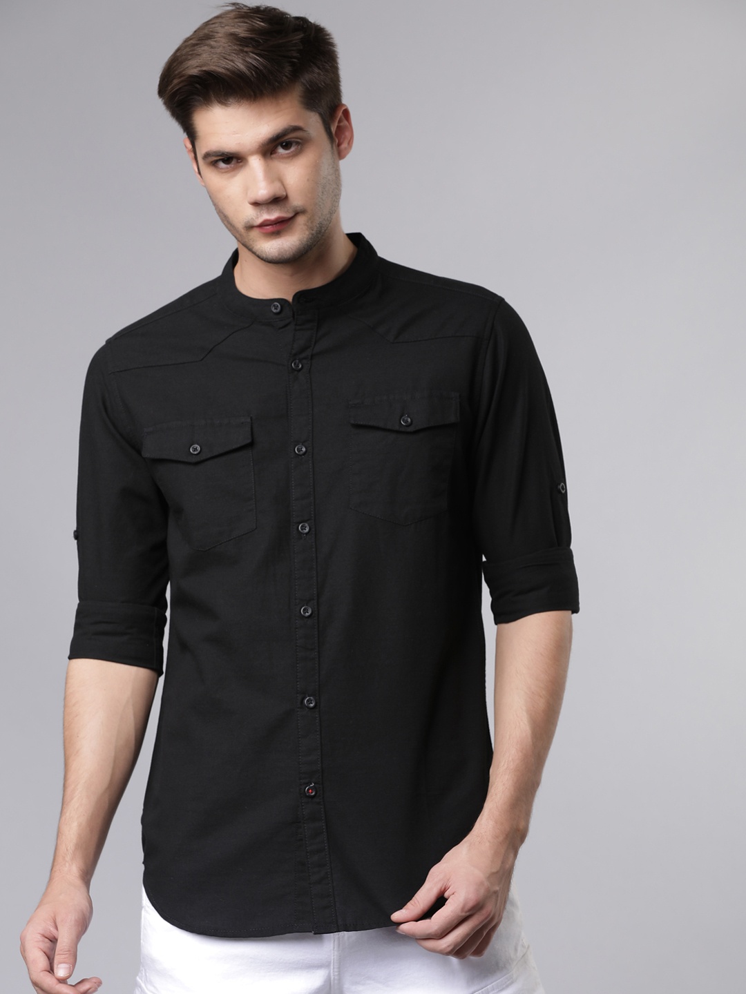 LOCOMOTIVE Men Black Slim Fit Solid Casual Shirt
