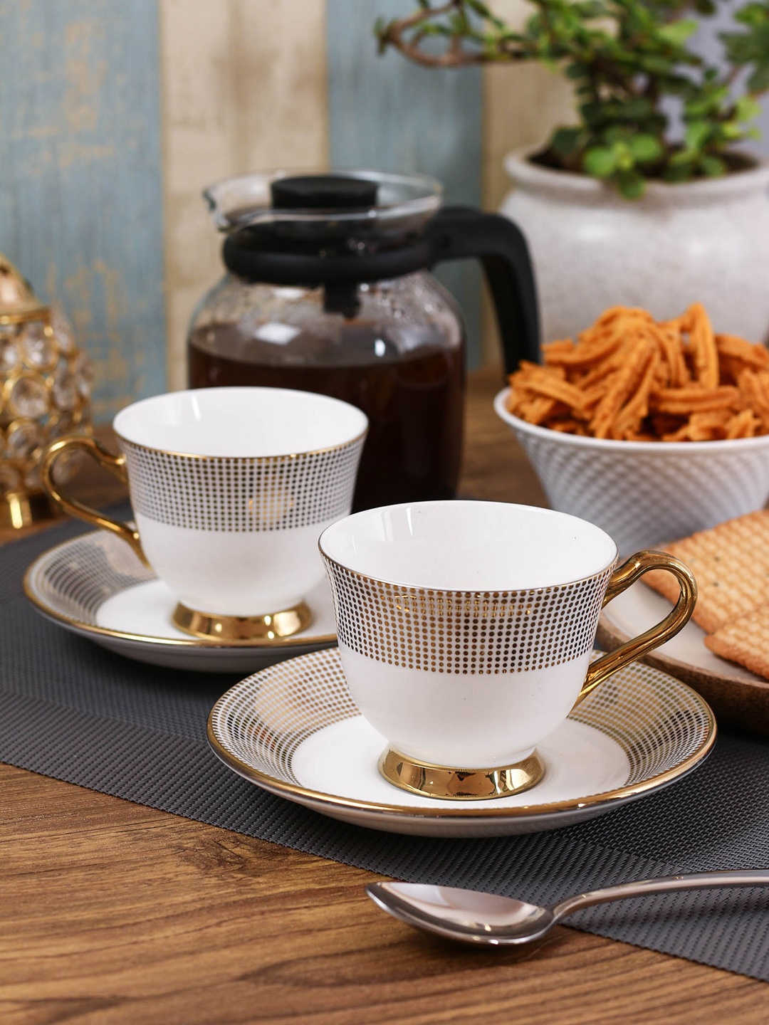 CLAY CRAFT Gold-Toned & White 6-Pieces Printed Bone China Cups and Saucers Set