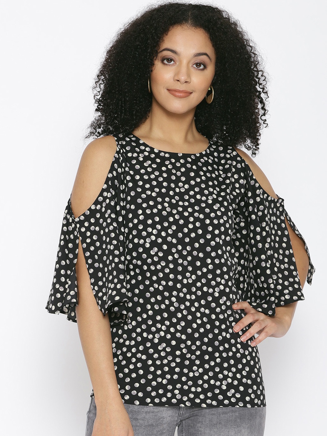 Cottinfab Women Black Printed Blouson Top