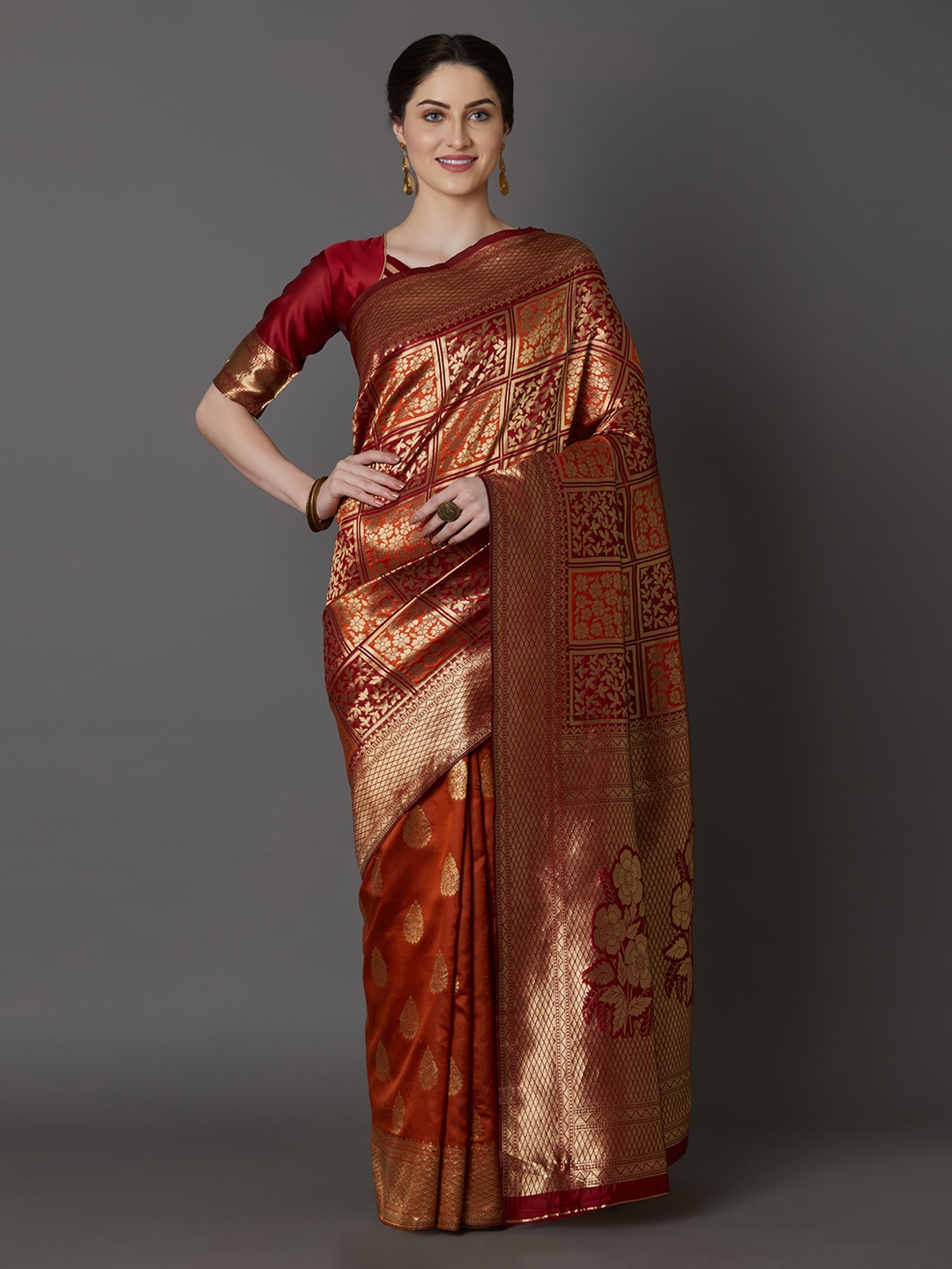 Mitera Maroon & Gold-Toned Silk Blend Woven Design Kanjeevaram Saree