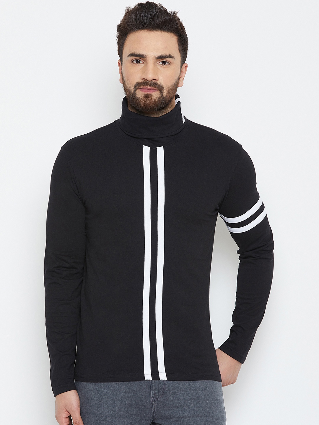 The Dry State Men Black Striped Turtle Neck Pure Cotton T-shirt