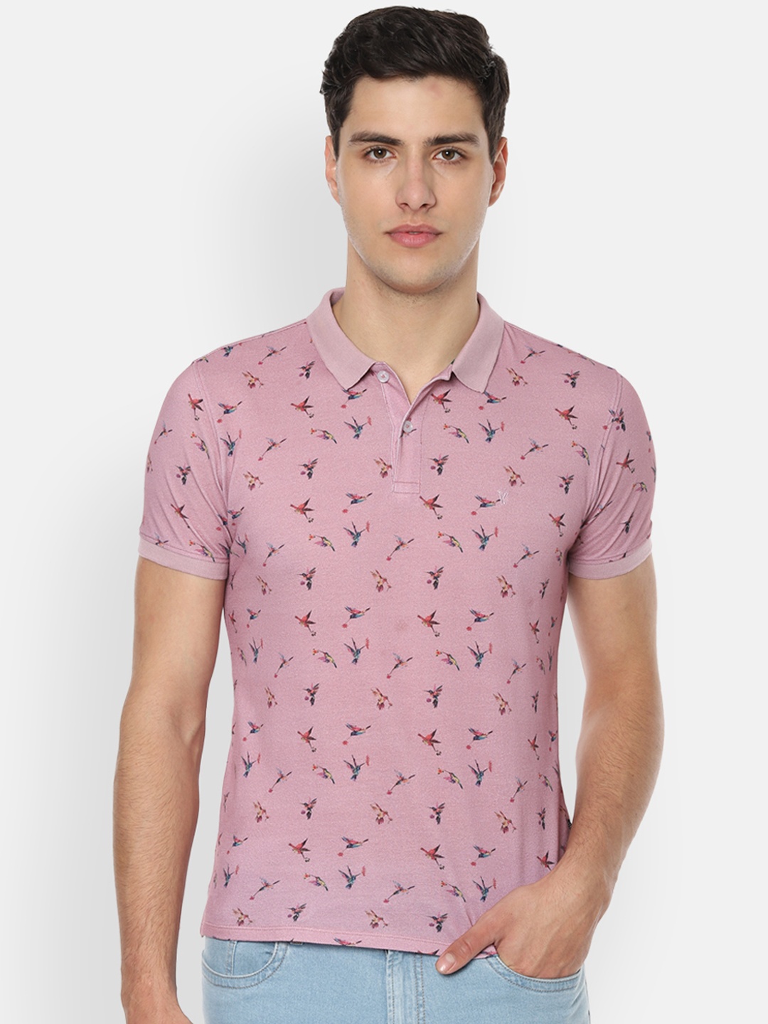 V Dot Men Pink Printed Slim Fit Polo Collar Pure Cotton T-shirt