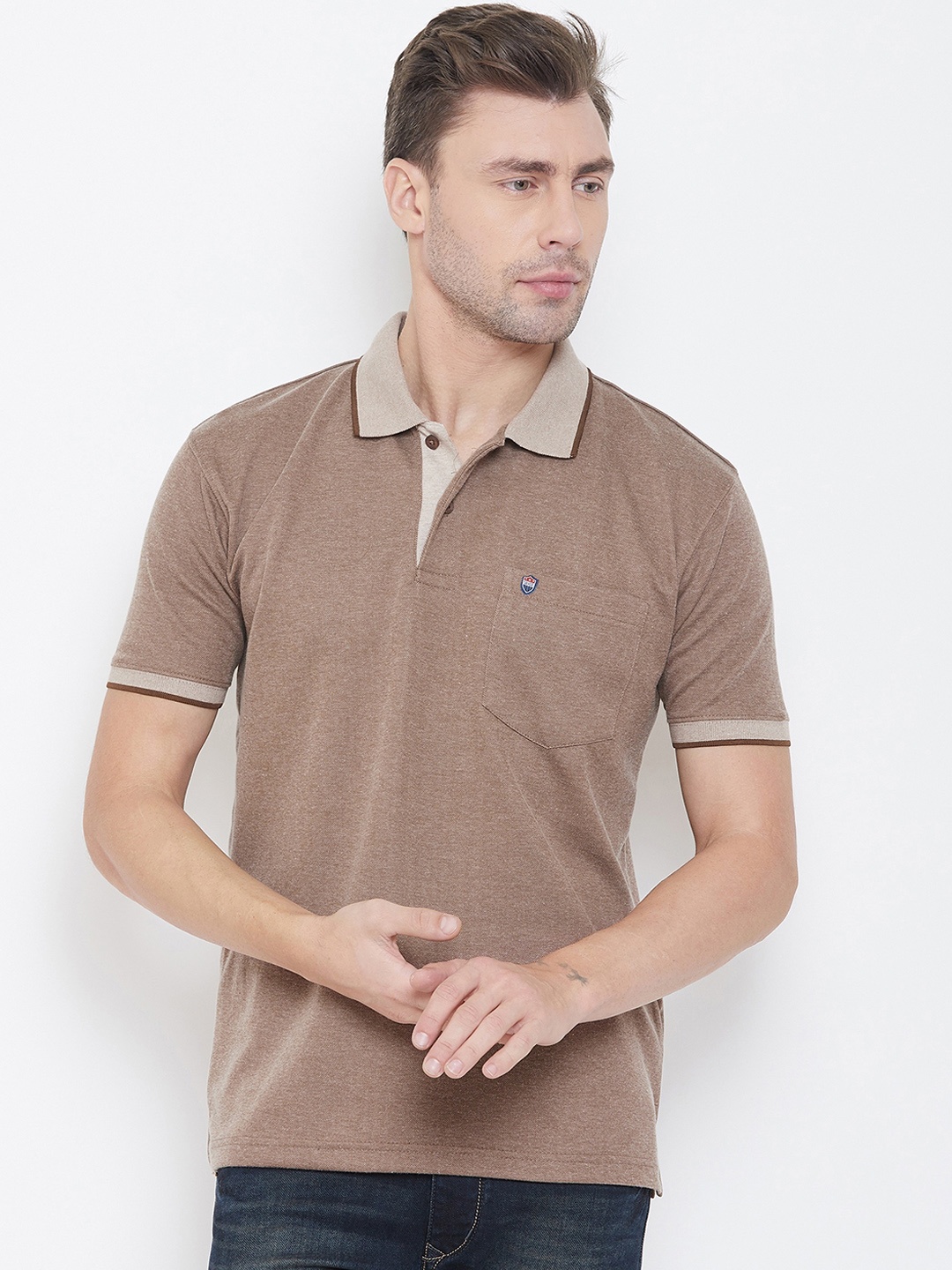 Duke Men Brown Solid Polo Collar T-shirt