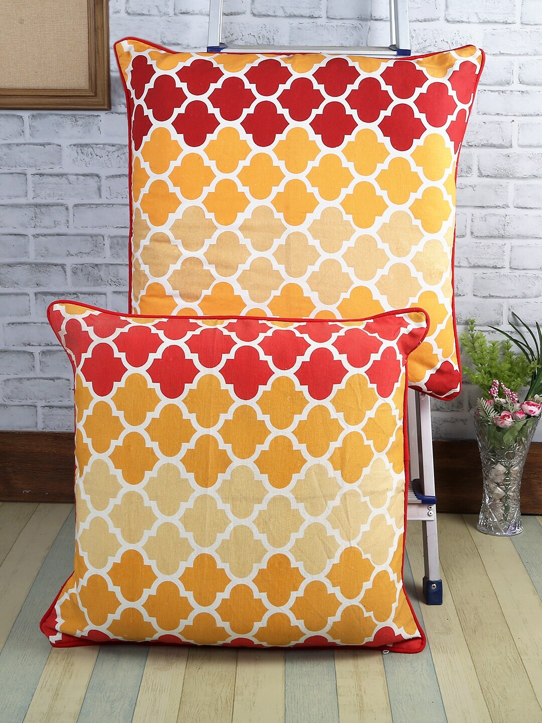 Soumya Orange & Yellow Set of 2 Geometric Square Cushion Covers