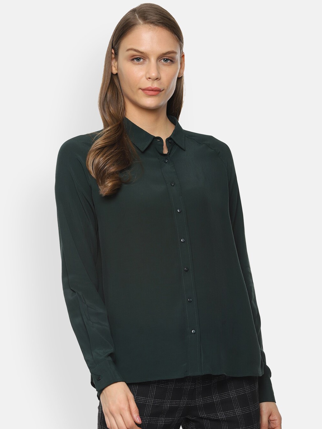 Van Heusen Woman Women Green Regular Fit Solid Casual Shirt