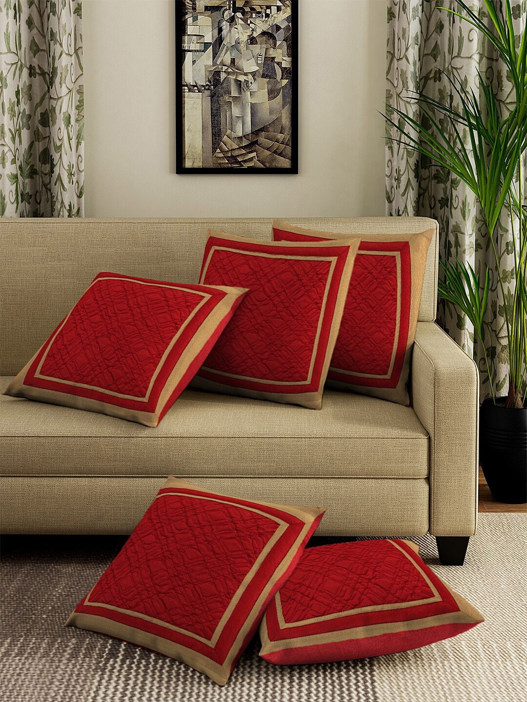 DREAM WEAVERZ Set of 5 Red Self Design Square Cushion Covers
