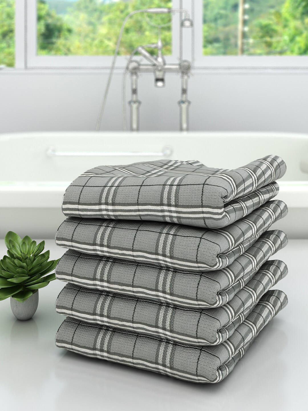Athom Trendz Unisex Pack Of 5 Grey & White Checked 210 GSM Premium Bath Towels