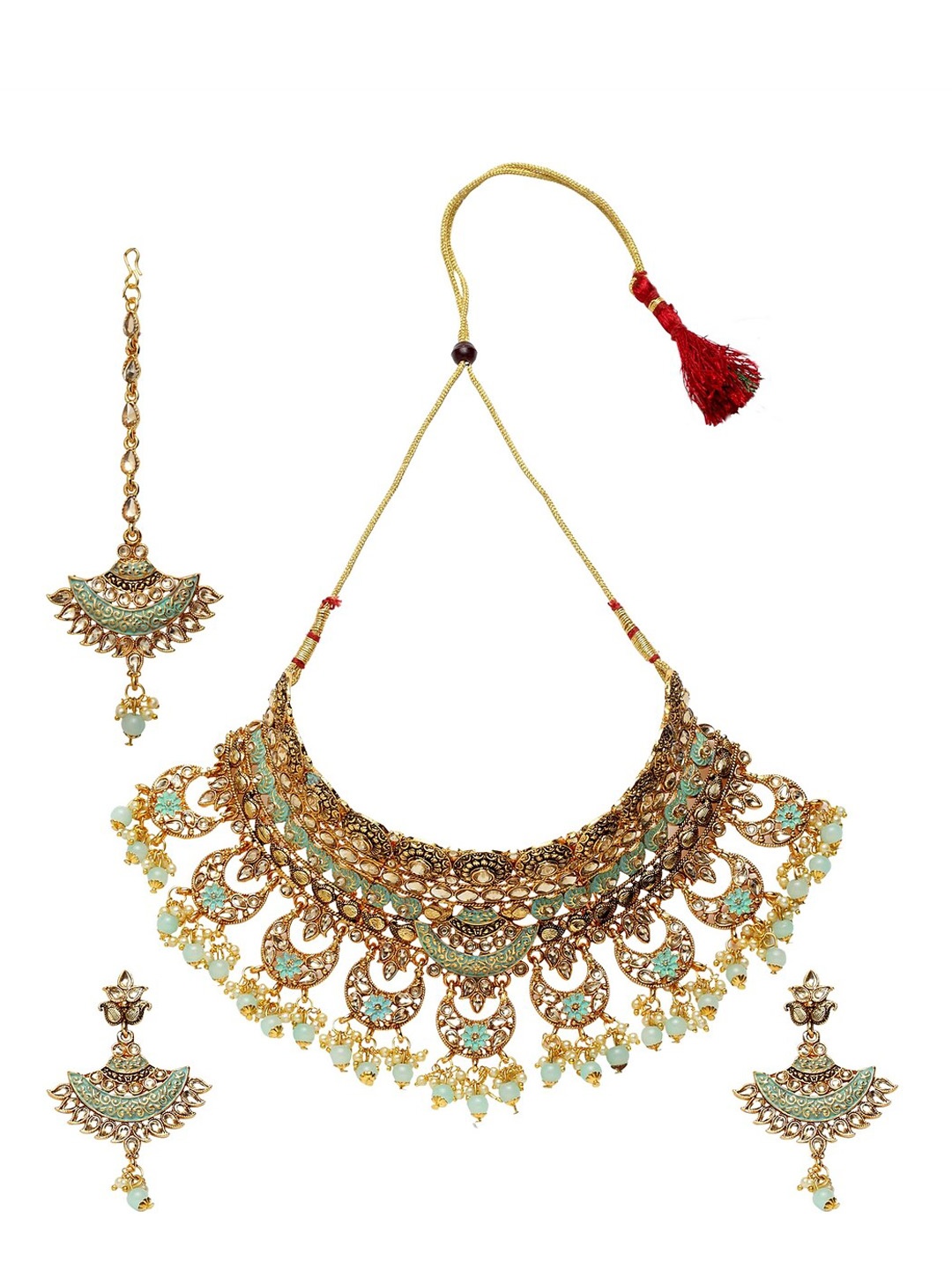 ANIKAS CREATION Gold-Plated Sea-Green & White Stone-Studded Beaded Enamelled Sustainable Handcrafted Jewellery Set
ANIKAS CREATION Gold-Plated Sea-Green & White Stone-Studded Beaded Enamelled Sustainable Handcrafted Jewellery Set