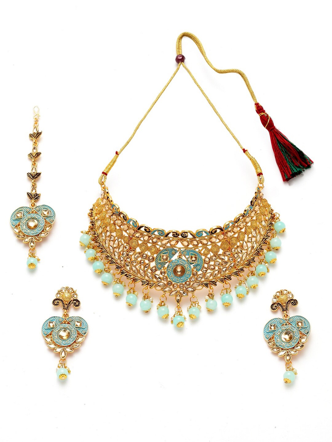 ANIKAS CREATION Gold-Plated White & Turquoise Blue Stone-Studded Beaded Enamelled Sustainable Handcrafted Jewellery Set
ANIKAS CREATION Gold-Plated White & Turquoise Blue Stone-Studded Beaded Enamelled Sustainable Handcrafted Jewellery Set