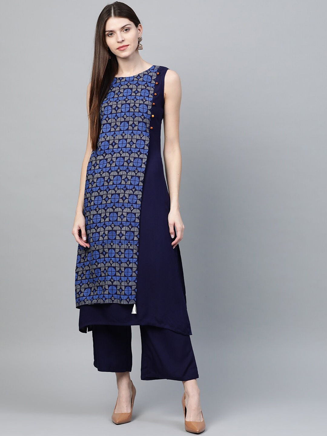 ZIYAA Women Navy Blue & Off-White Printed A-Line Kurta
