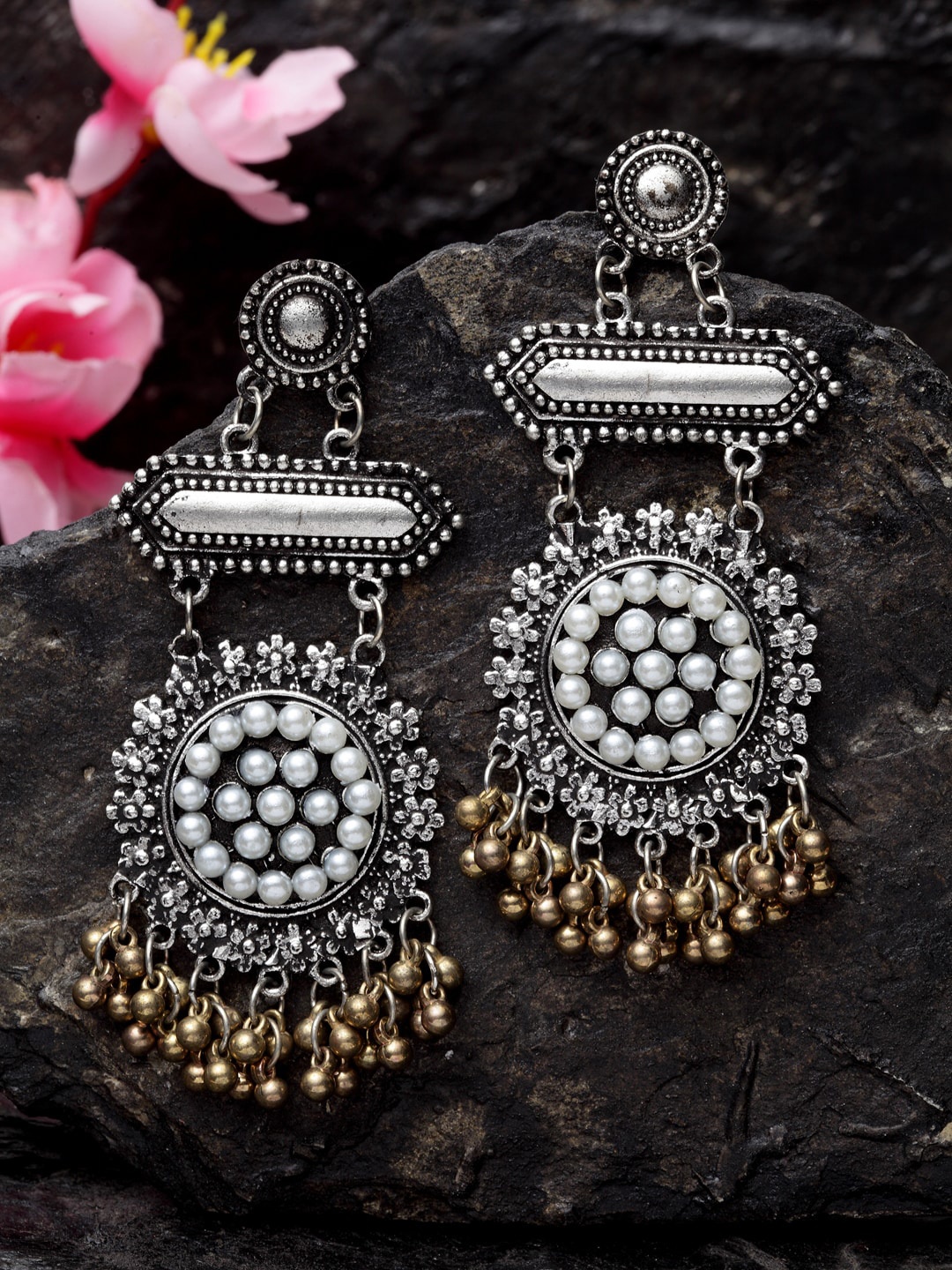 Moedbuille Silver-Toned & Gold-Toned Circular Drop Earrings