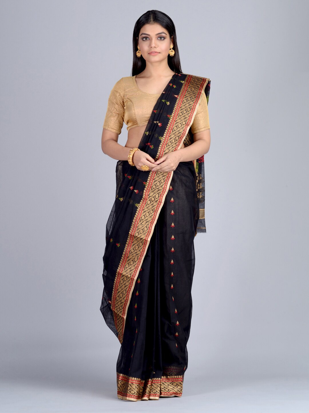 Mitera Black & Gold-Toned Pure Cotton Embroidered Hand Woven Taant Saree