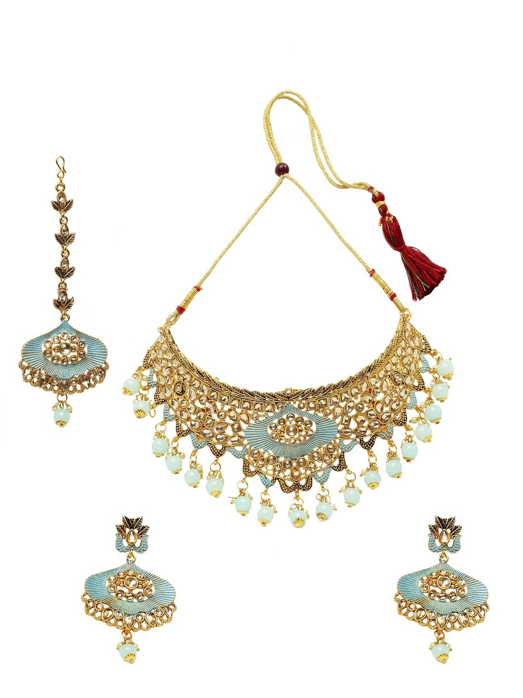ANIKAS CREATION Gold-Plated & Turquoise Blue Artificial Stones & Beads Studded Enamelled Jewellery Set
ANIKAS CREATION Gold-Plated & Turquoise Blue Artificial Stones & Beads Studded Enamelled Jewellery Set