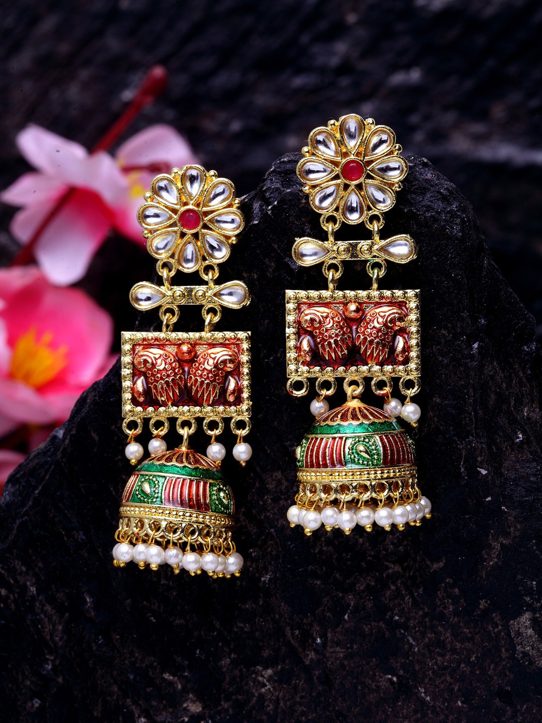 Moedbuille Gold-Toned & Red Dome Shaped Jhumkas