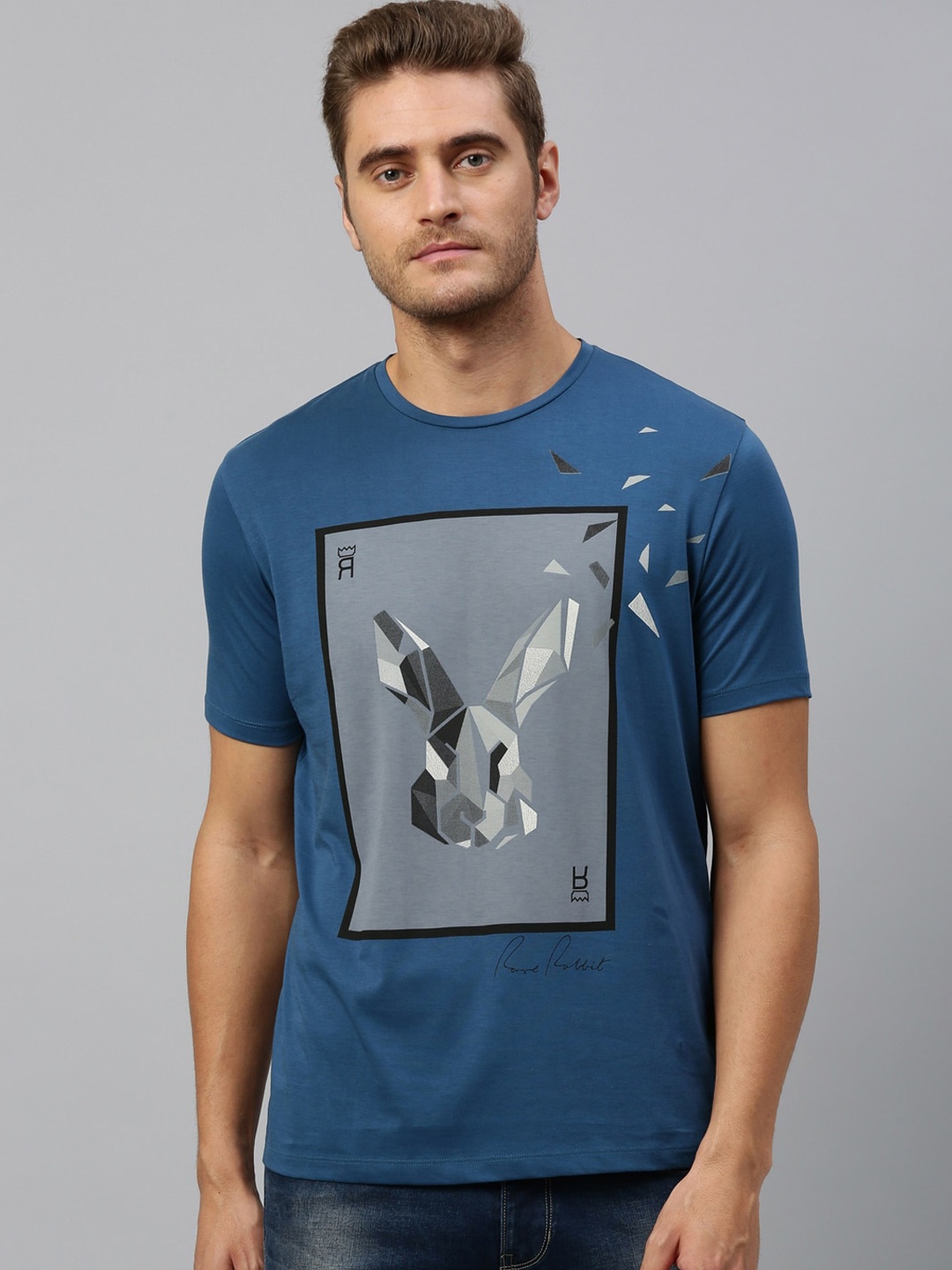 RARE RABBIT Men Blue Printed Round Neck T-shirt