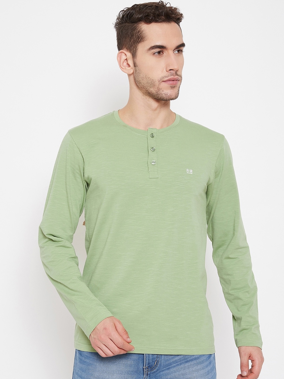 Okane Men Olive Green Solid Henley Neck T-shirt