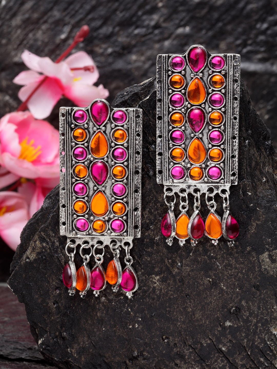 Moedbuille Silver-Toned & Orange Square Drop Earrings