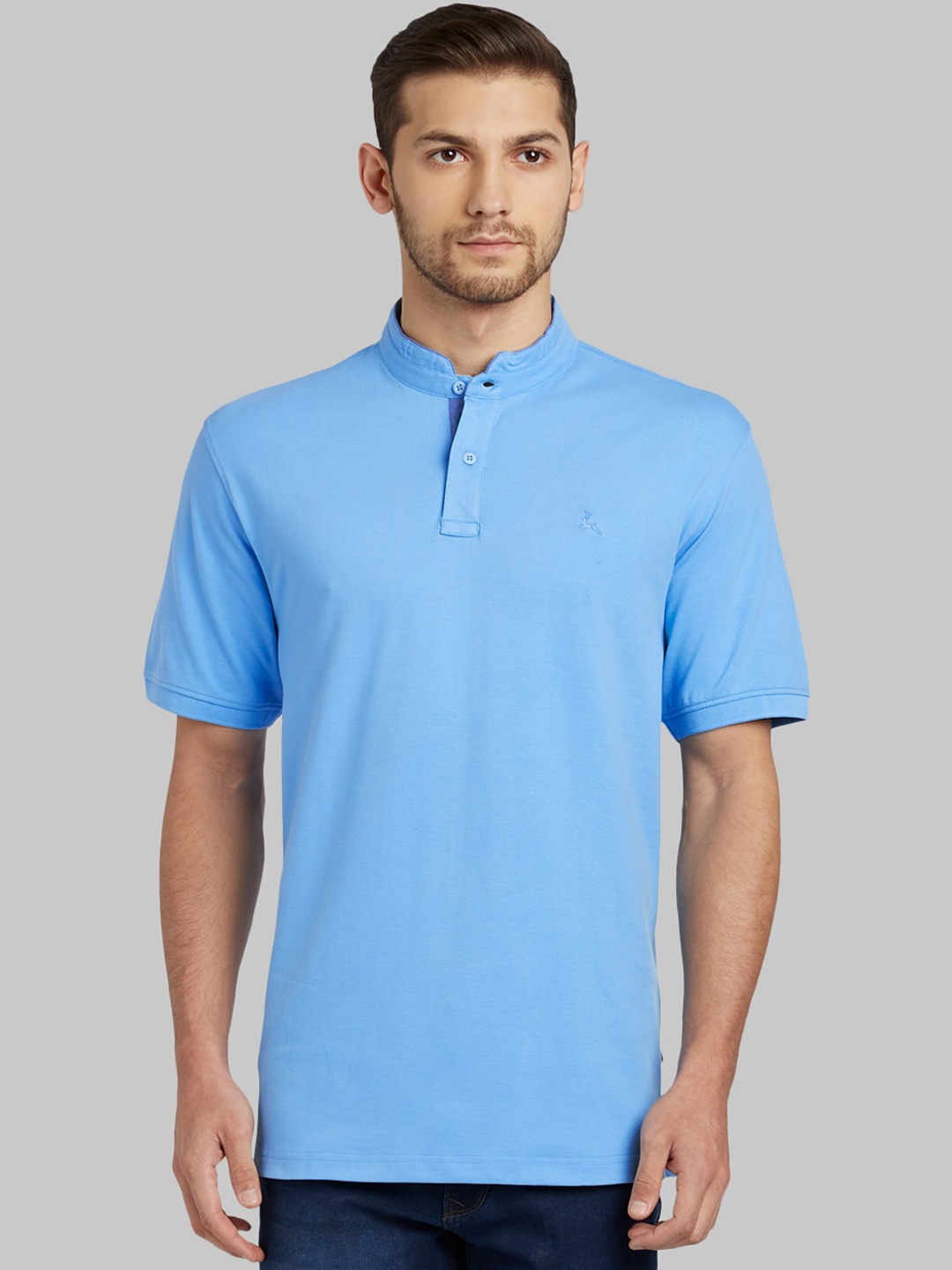 Parx Men Blue Solid Mandarin Collar T-shirt
